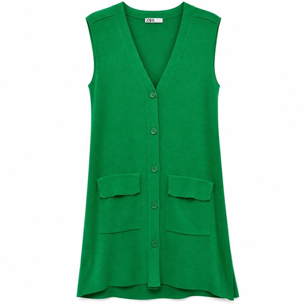Zara Longline Knit Vest Women Small Kelly Green Scandi Clean Girl Quiet Luxury